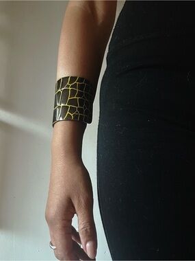 Alexander McQueen shiny Gun metal and  yellowCroc-Embossed Wide Cuff Bracelet